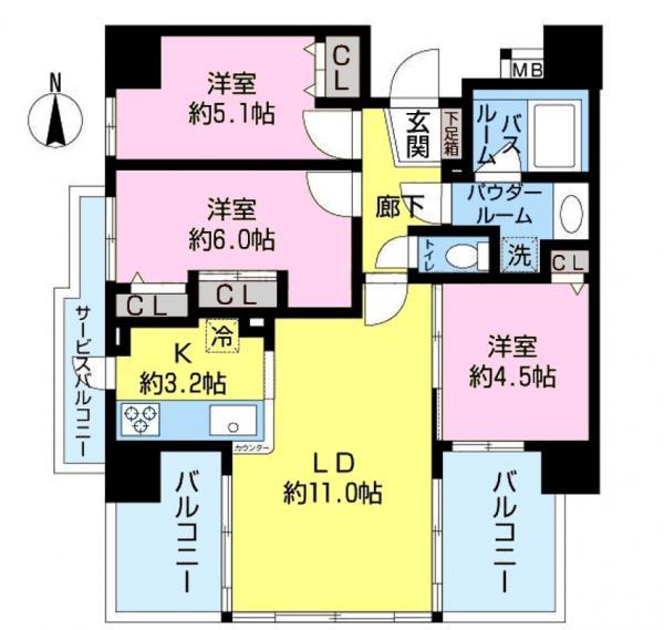 Floor plan. 3LDK, Price 27,800,000 yen, Footprint 63 sq m , Balcony area 14.54 sq m