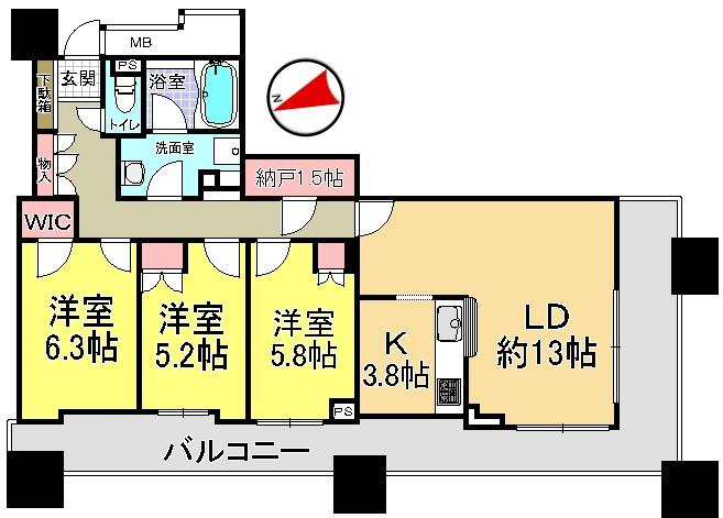 Floor plan. 3LDK, Price 63 million yen, Occupied area 80.21 sq m , Balcony area 27.92 sq m