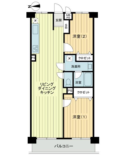 Floor plan. 2LDK, Price 14.9 million yen, Occupied area 62.27 sq m , Balcony area 6.88 sq m