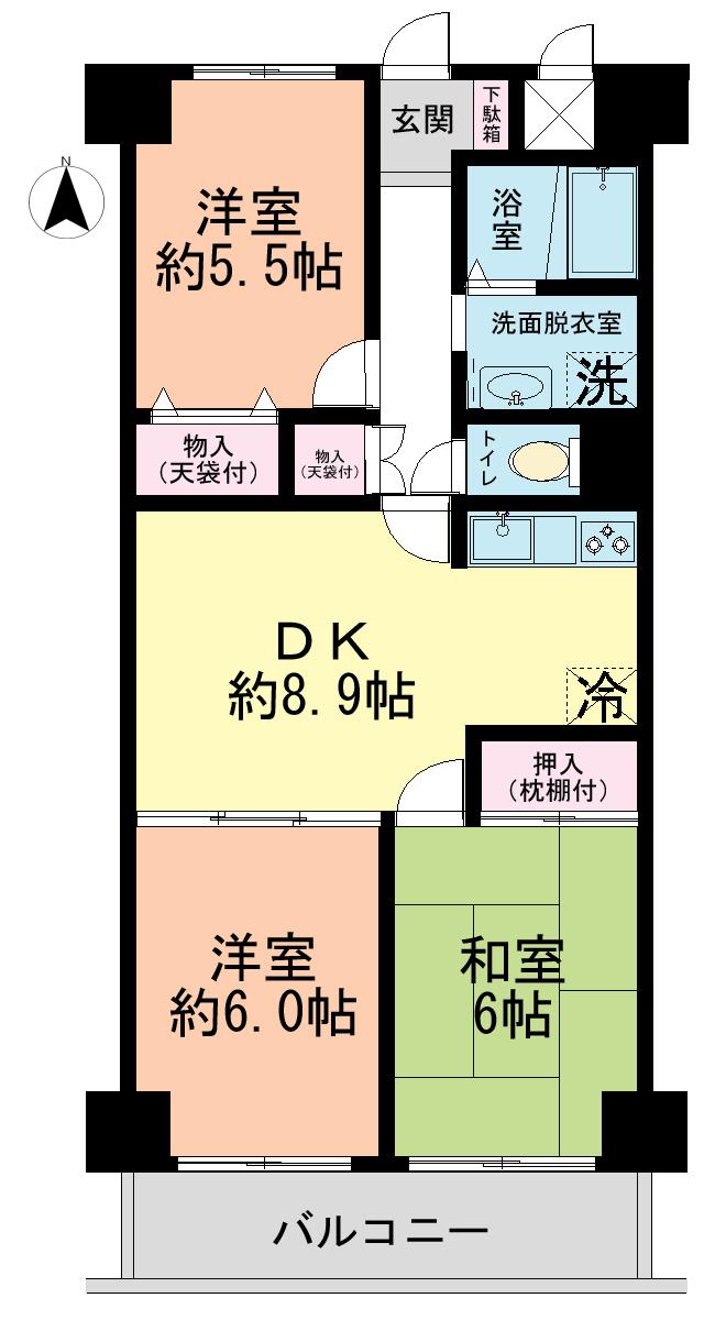 Floor plan. 3DK, Price 12.6 million yen, Occupied area 60.75 sq m , Balcony area 6.48 sq m