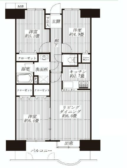 Floor plan. 3LDK, Price 19.9 million yen, Occupied area 61.57 sq m , Balcony area 9.22 sq m