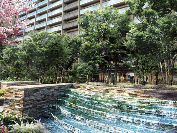 Shared facilities.  [Aqua gate] It symbolizes the waterfront of the city "Aqua gate". Such as abundant water flow and play the sound of water, Comfortably delight the senses. (Rendering)