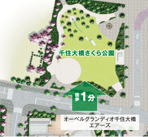 Surrounding environment. April 2012 on the lush "Senjuohashi Sakura Park" is in front of opening of the park (about 15m). Within the cherry blossoms browned park, Square and Koyama, There is such slide, Playing in the parent and child, Communication of mom friends with each other is also a 1-minute walk of the park, which deepens with nature. (Rich conceptual diagram)