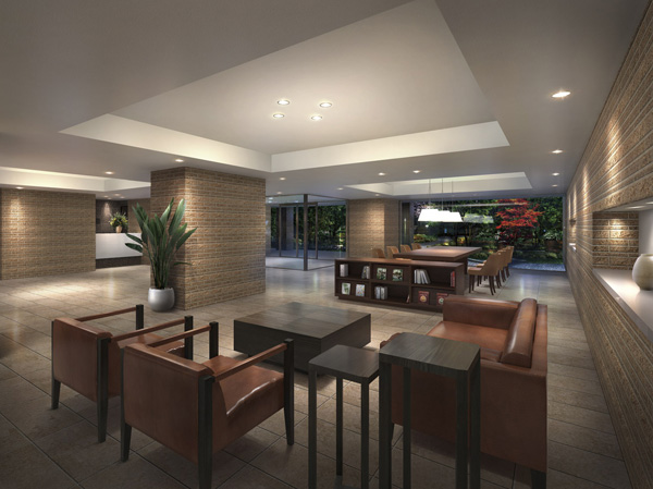 Buildings and facilities. It arranged in the entrance hall "guest lounge". The wall surface of the texture rich earth color, Was coordinated with brown tone of the interior is a deep, It is a space of hospitality. (Guest lounge Rendering)