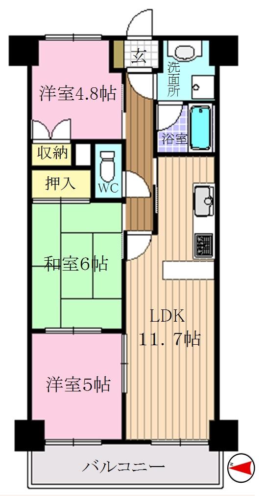 Floor plan. 3LDK, Price 14 million yen, Occupied area 60.09 sq m , Between the balcony area 6.82 sq m schematic floor plan