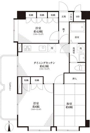 Floor plan. 3DK, Price 18,800,000 yen, Occupied area 55.86 sq m , Balcony area 7.52 sq m