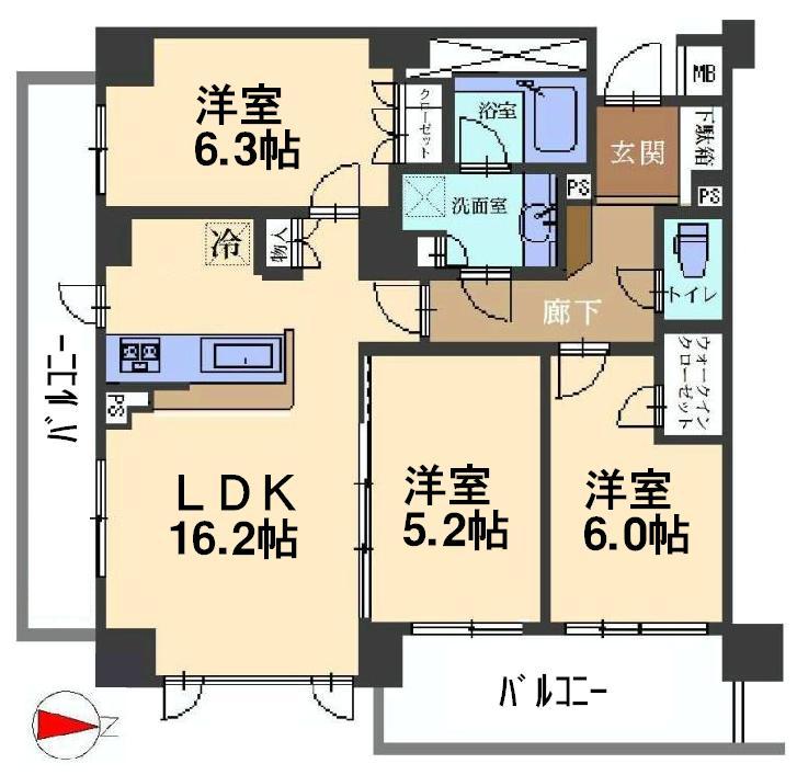 Floor plan. 3LDK, Price 27.3 million yen, Occupied area 74.89 sq m , Balcony area 18.44 sq m