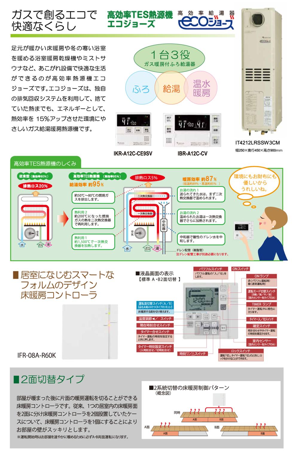 Other Equipment.  ・ Feet warm a warm floor heating and winter cold bathroom bathroom heating dryer, etc., Eco-Jones can be a comfortable life is high efficiency heat source machine ・ Using its own exhaust recovery system, As the energy to throw away had heat, Environment-friendly gas water heating heat source machine that was up a thermal efficiency 15%