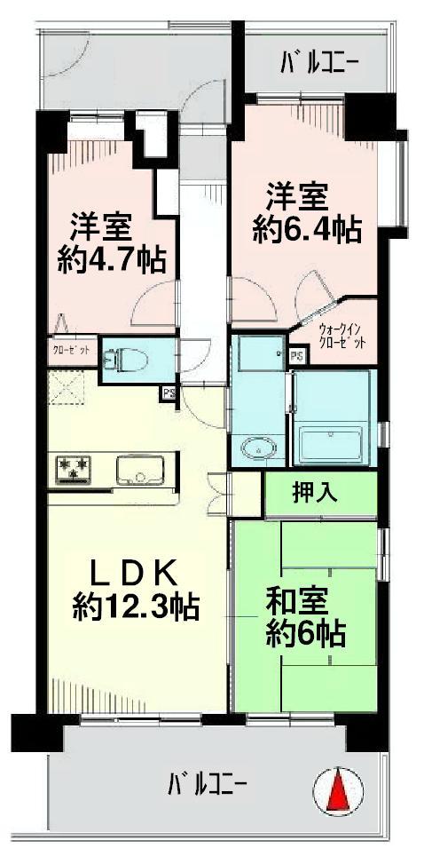 Floor plan. 3LDK, Price 25,800,000 yen, Occupied area 65.01 sq m , Balcony area 14.07 sq m