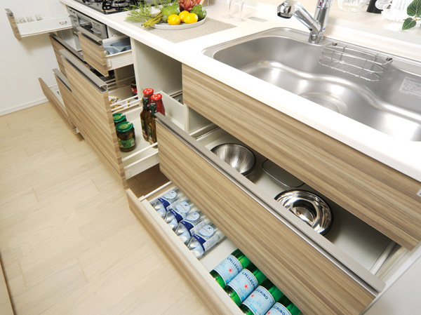 Kitchen.  [All slide storage] Adopt an all-slide storage cookware that was closed in the back also that can be taken out smoothly. Bottle kind or canned can also be happy to storage.  ※ There is a limit to the storage can size.