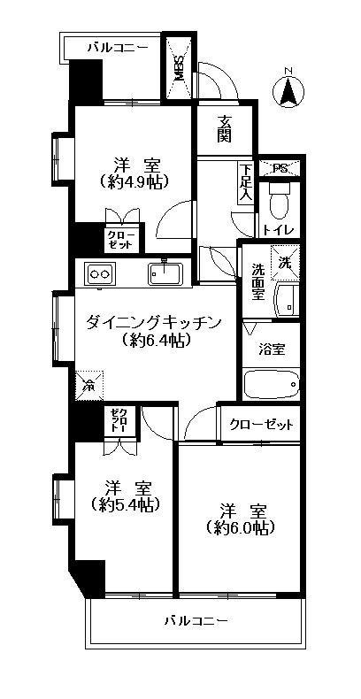 Floor plan. 3DK, Price 12.5 million yen, Occupied area 49.93 sq m , Balcony area 9.11 sq m