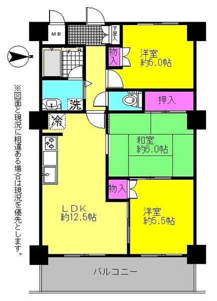 Floor plan. 3LDK, Price 16,900,000 yen, Occupied area 62.22 sq m , Balcony area 9.15 sq m