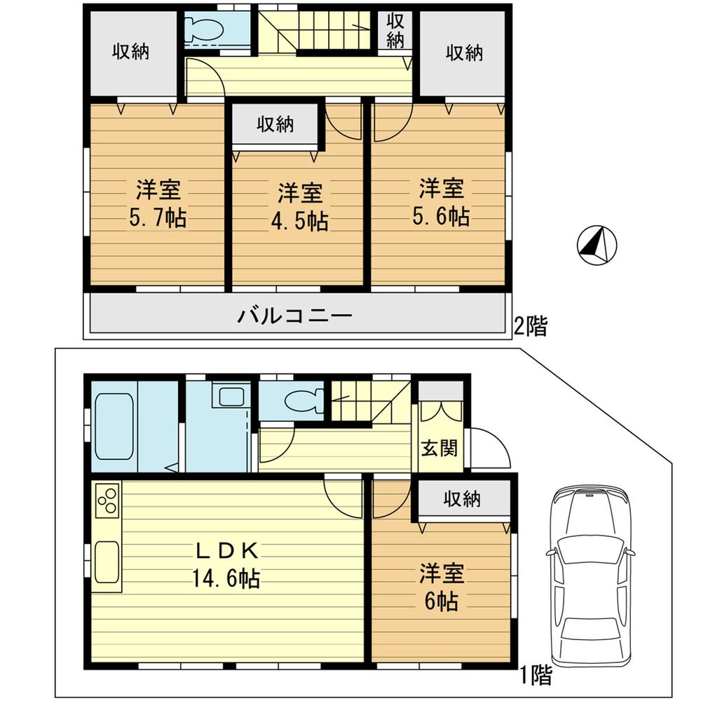 Floor plan. 26,300,000 yen, 4LDK, Land area 86.59 sq m , Building area 95.22 sq m with a two-story 4LDK parking ・ Zenshitsuminami is facing