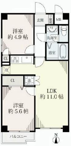 Floor plan. 2LDK, Price 18,800,000 yen, Occupied area 49.54 sq m , Balcony area 2.48 sq m