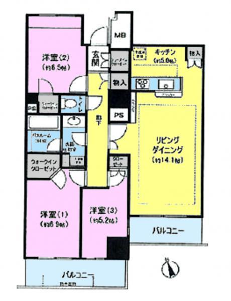 Floor plan. 3LDK, Price 65 million yen, Occupied area 83.23 sq m , Balcony area 11.67 sq m