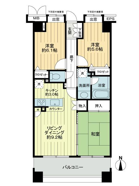 Floor plan. 3LDK, Price 21,800,000 yen, Occupied area 66.03 sq m , Balcony area 12.4 sq m