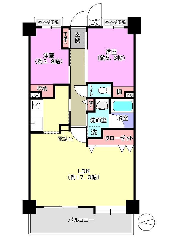 Floor plan. 2LDK, Price 19.2 million yen, Occupied area 58.84 sq m , Balcony area 7.21 sq m