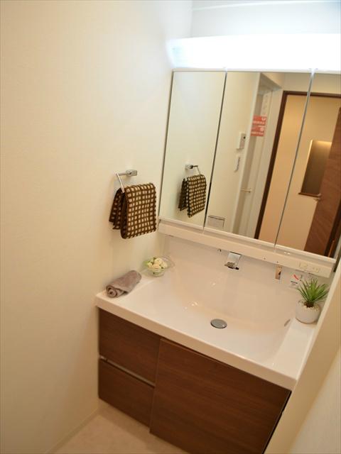 Wash basin, toilet. Dressing comfortably in the wash basin of triple mirror