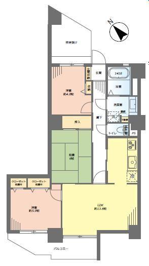 Floor plan. 3LDK, Price 20,900,000 yen, Occupied area 74.04 sq m , Balcony area 9.51 sq m