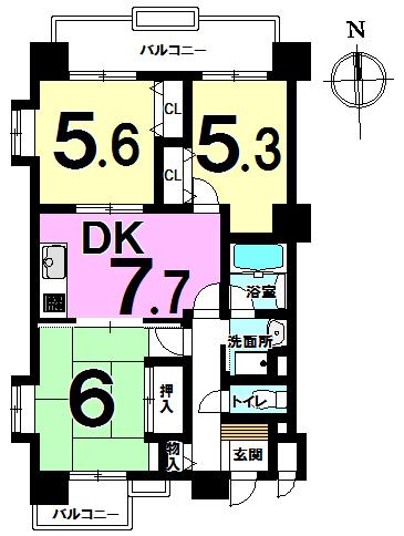 Floor plan. 3DK, Price 11.4 million yen, Footprint 57 sq m , Balcony area 9.84 sq m