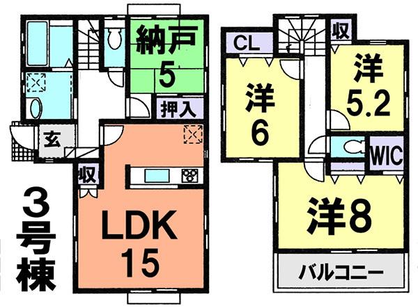 Floor plan. (3 Building), Price 42,800,000 yen, 3LDK+S, Land area 90 sq m , Building area 95.84 sq m