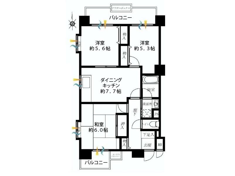 Floor plan. 3DK, Price 13,900,000 yen, Footprint 57 sq m , Balcony area 9.84 sq m floor plan