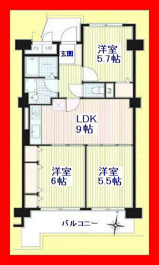 Floor plan. 3LDK, Price 12,980,000 yen, Occupied area 60.09 sq m , Balcony area 9.9 sq m south-facing balcony