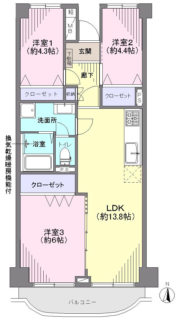 Floor plan. 3LDK, Price 21.9 million yen, Footprint 65.8 sq m , Balcony area 6.19 sq m