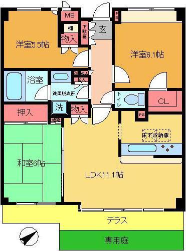 Floor plan. 3LDK, Price 28.5 million yen, Occupied area 72.85 sq m , 3LDK balcony area 10.19 sq m private garden, 72.85m2