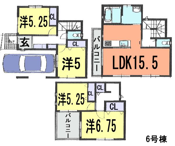 Floor plan. (6 Building), Price 33,500,000 yen, 4LDK, Land area 66 sq m , Building area 105.58 sq m