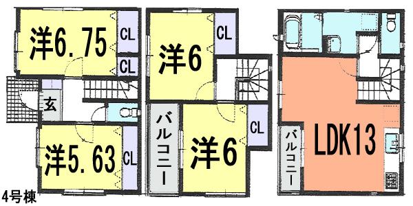 Floor plan. (4 Building), Price 33,800,000 yen, 4LDK, Land area 67.06 sq m , Building area 93.56 sq m
