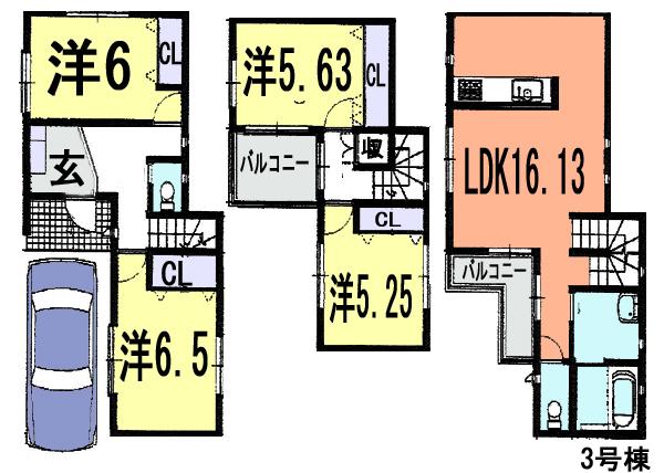 Floor plan. (3 Building), Price 33,500,000 yen, 4LDK, Land area 66.02 sq m , Building area 97.91 sq m