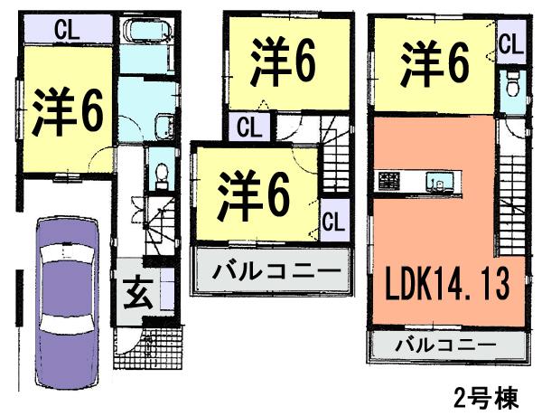 Floor plan. (Building 2), Price 33,500,000 yen, 4LDK, Land area 66.09 sq m , Building area 104.33 sq m