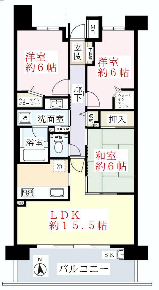 Floor plan. 3LDK, Price 27,800,000 yen, Occupied area 75.03 sq m , Balcony area 13.1 sq m All rooms 6 quires more than two of WIC Wide living