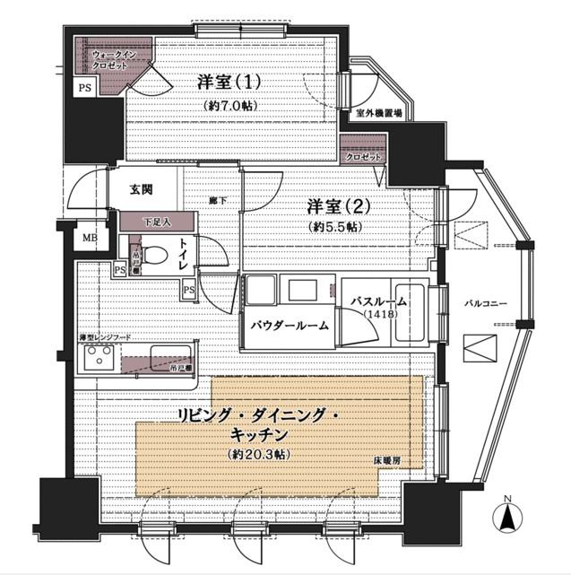 Floor plan. 2LDK, Price 34,800,000 yen, Occupied area 71.06 sq m , Balcony area 8.02 sq m