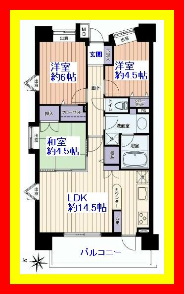 Floor plan. 3LDK, Price 24,800,000 yen, Occupied area 65.76 sq m , Balcony area 9.17 sq m ventilation is also good corner room