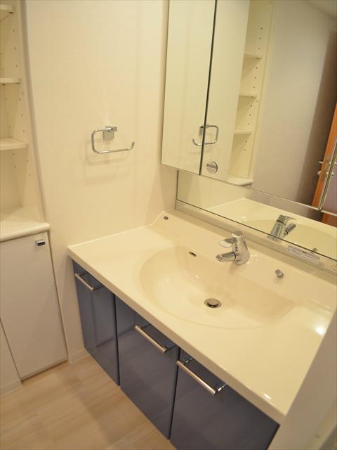 Wash basin, toilet. Dressing comfortably in the three-sided mirror