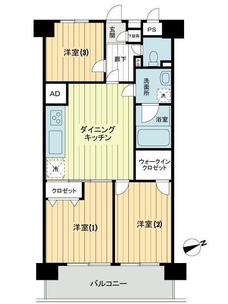 Floor plan. 3DK, Price 15.8 million yen, Occupied area 56.02 sq m , Balcony area 7.7 sq m