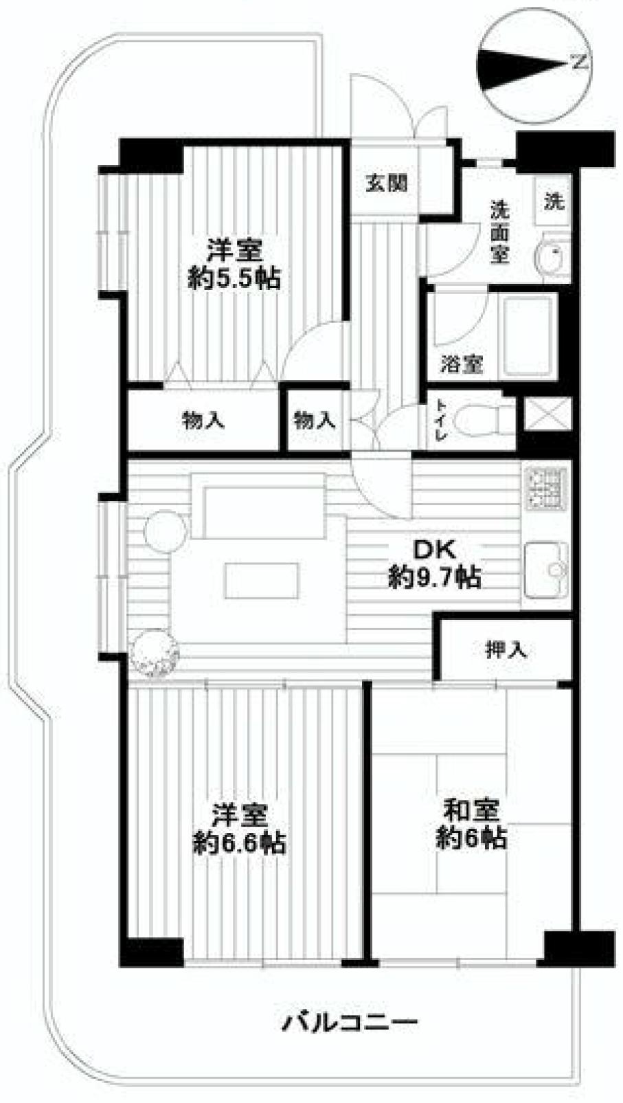 Floor plan. 3DK, Price 13,900,000 yen, Occupied area 66.74 sq m , Balcony area is 21.14 sq m south-facing large round balcony. The room is already full renovation.