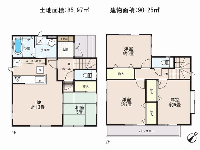 Floor plan. (D Building), Price 34,500,000 yen, 4LDK, Land area 85.97 sq m , Building area 90.25 sq m