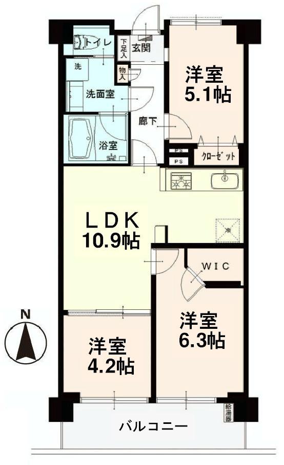 Floor plan. 3LDK, Price 24,900,000 yen, Occupied area 58.99 sq m , Balcony area 8.1 sq m