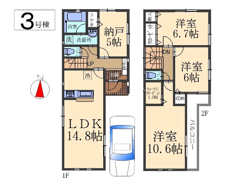 Floor plan. (3 Building), Price 29,800,000 yen, 3LDK+S, Land area 88.58 sq m , Building area 97.19 sq m