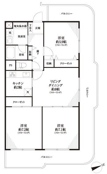 Floor plan. 3LDK, Price 20.8 million yen, Footprint 70.4 sq m , Balcony area 29.27 sq m