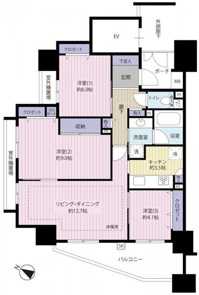 Floor plan. 3LDK, Price 33,800,000 yen, Occupied area 81.24 sq m , Balcony area 9.1 sq m between the floor plan