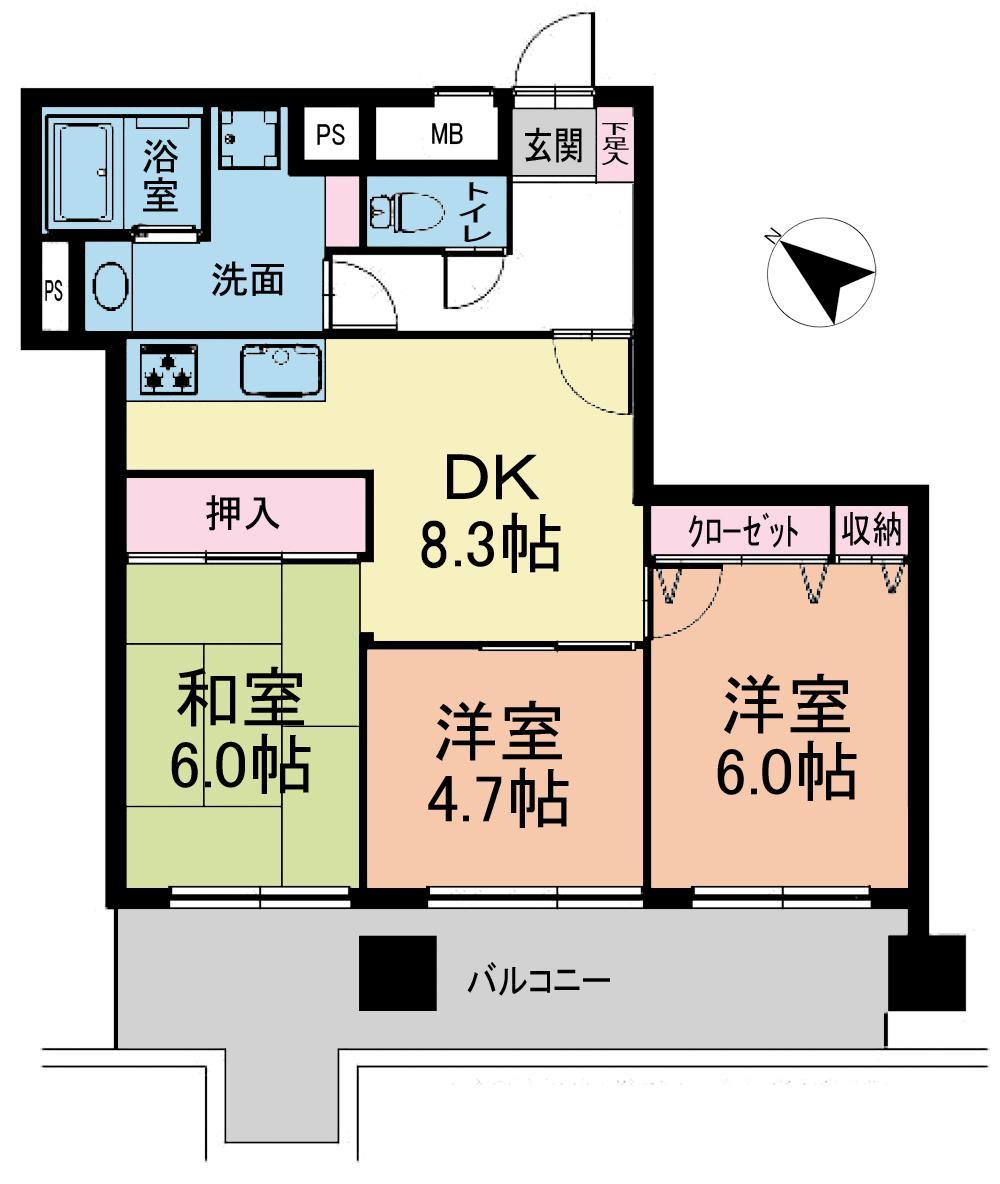 Floor plan. 3DK, Price 17.8 million yen, Occupied area 61.64 sq m , Balcony area 3.22 sq m