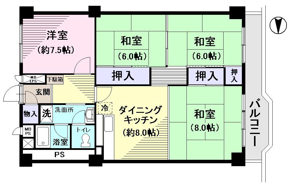 Floor plan. 4DK, Price 14.8 million yen, Occupied area 77.76 sq m , Balcony area 8.07 sq m