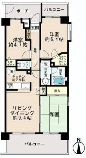 Floor plan. 3LDK, Price 21,800,000 yen, Occupied area 65.01 sq m , Balcony area 14.07 sq m