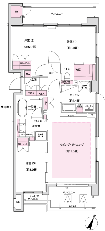 Floor: 3LDK + WIC, the occupied area: 68.96 sq m