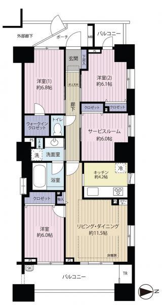 Floor plan. 3LDK+S, Price 42,300,000 yen, Occupied area 91.69 sq m , Balcony area 16.32 sq m floor plan
