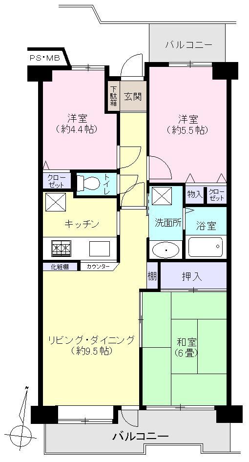 Floor plan. 3LDK, Price 13,900,000 yen, Occupied area 60.47 sq m , Balcony area 11.05 sq m